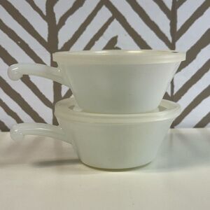 Vintage Anchor Hocking Fire King Milk Glass Soup Bowls with Plastic Lids USA